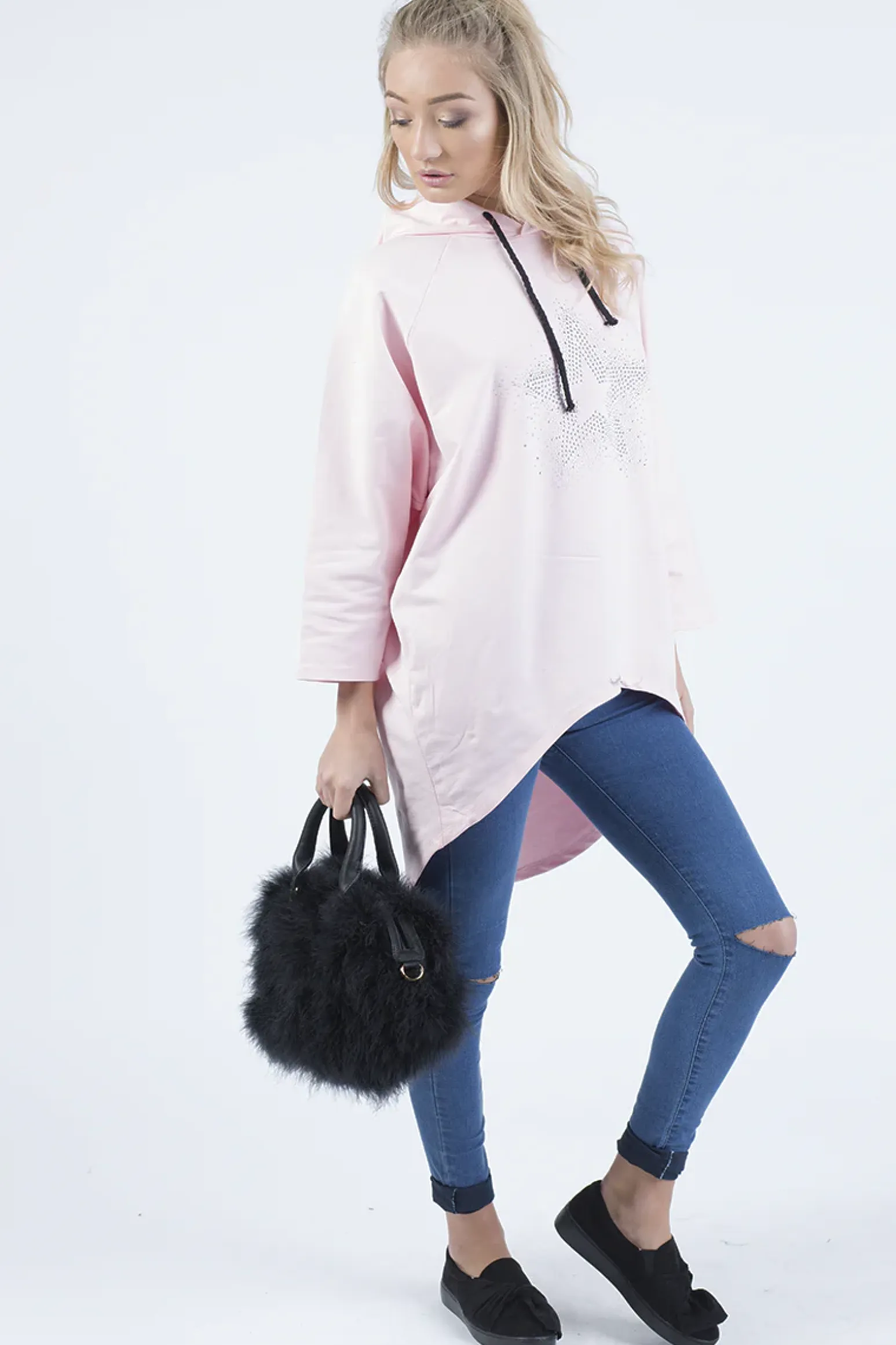 Rebellious Fashion Pink Star Diamante Oversized Hoodie - Sarah