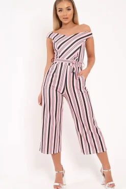 Rebellious Fashion Pink Stripe Bardot Culotte Jumpsuit - Annarae