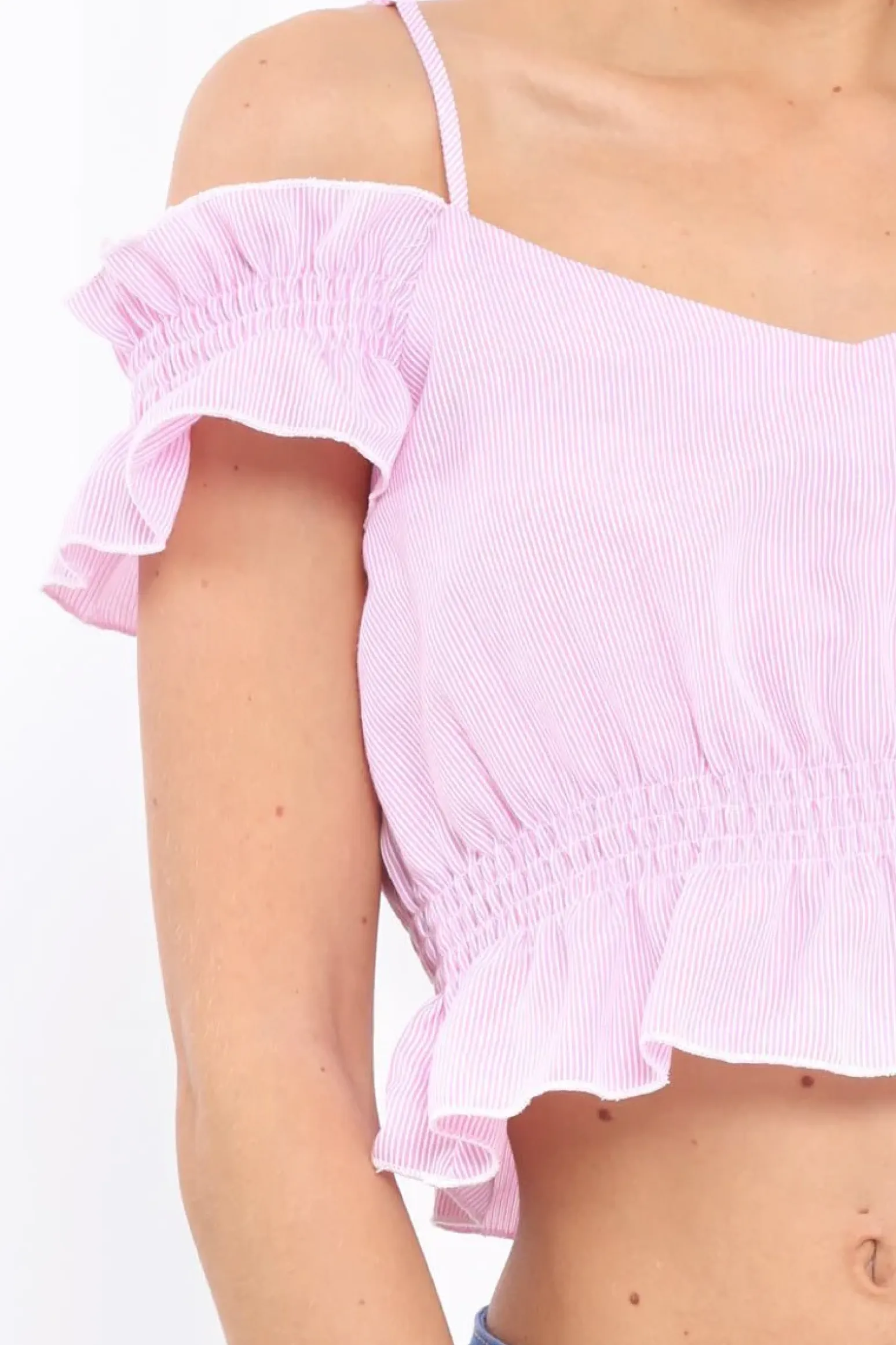 Rebellious Fashion Pink Stripe Cold Shoulder Frill Crop Top - Nieve