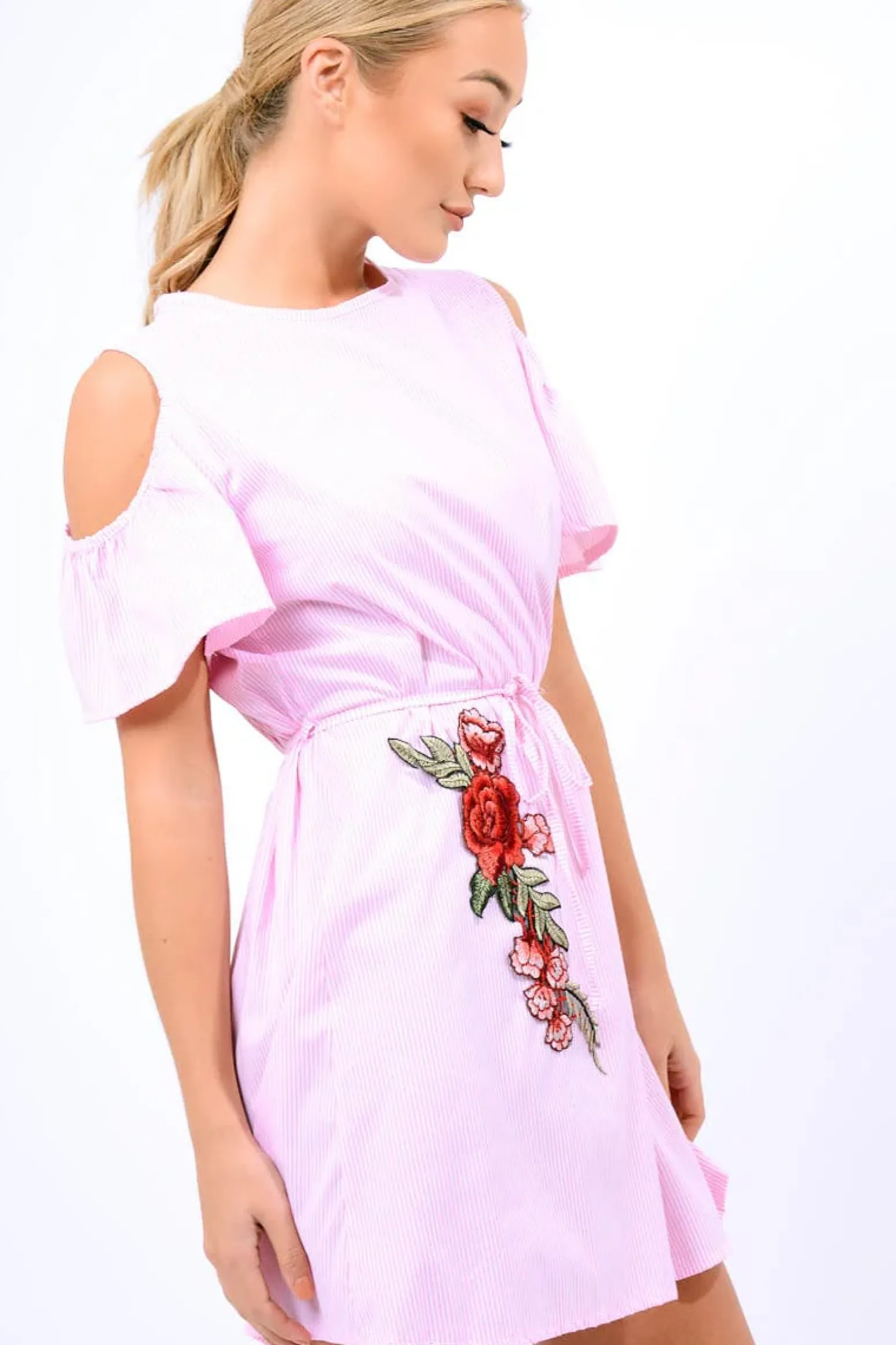 Rebellious Fashion Pink Striped Cold Shoulder Embroidered Shirt Dress - Isadora