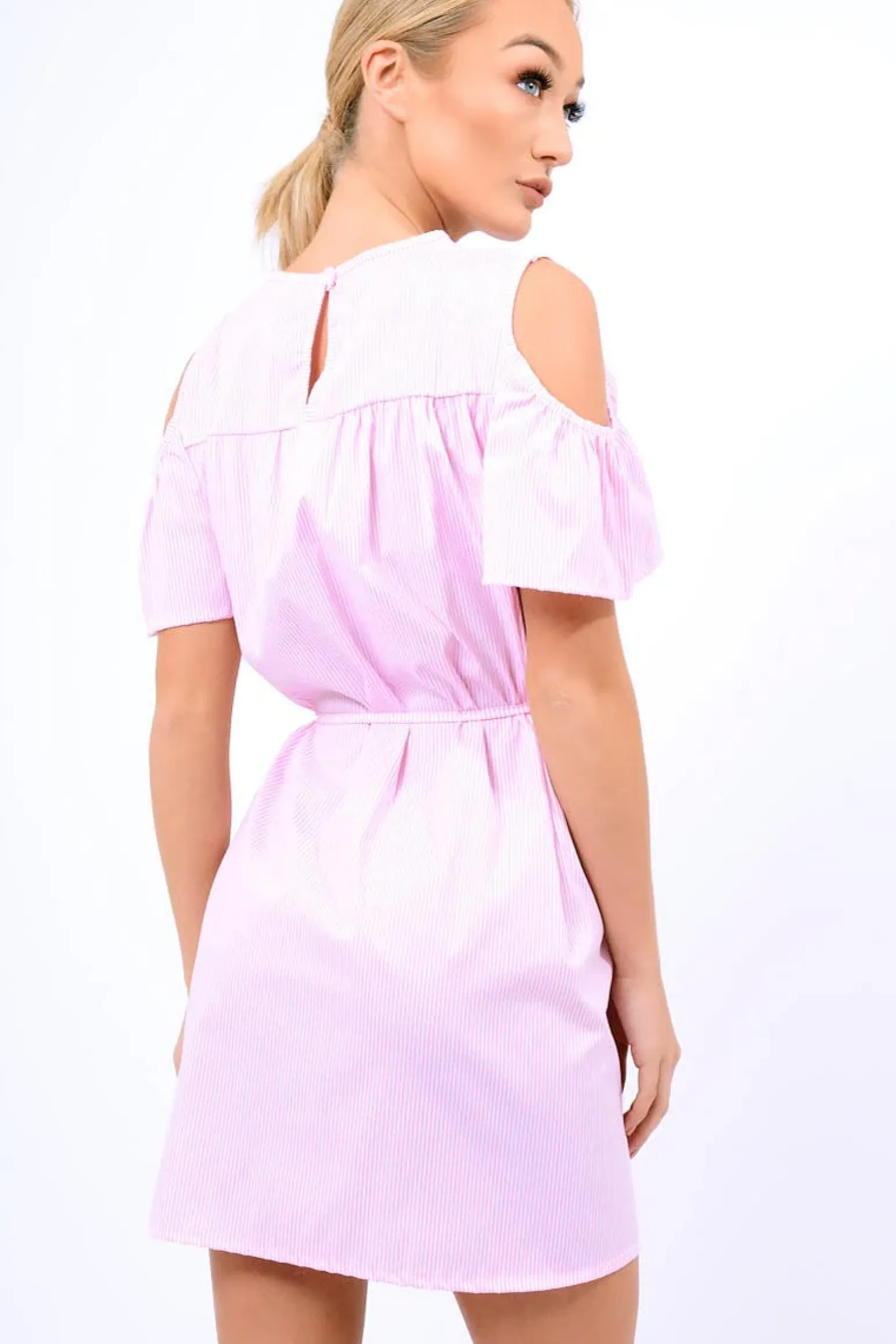 Rebellious Fashion Pink Striped Cold Shoulder Embroidered Shirt Dress - Isadora