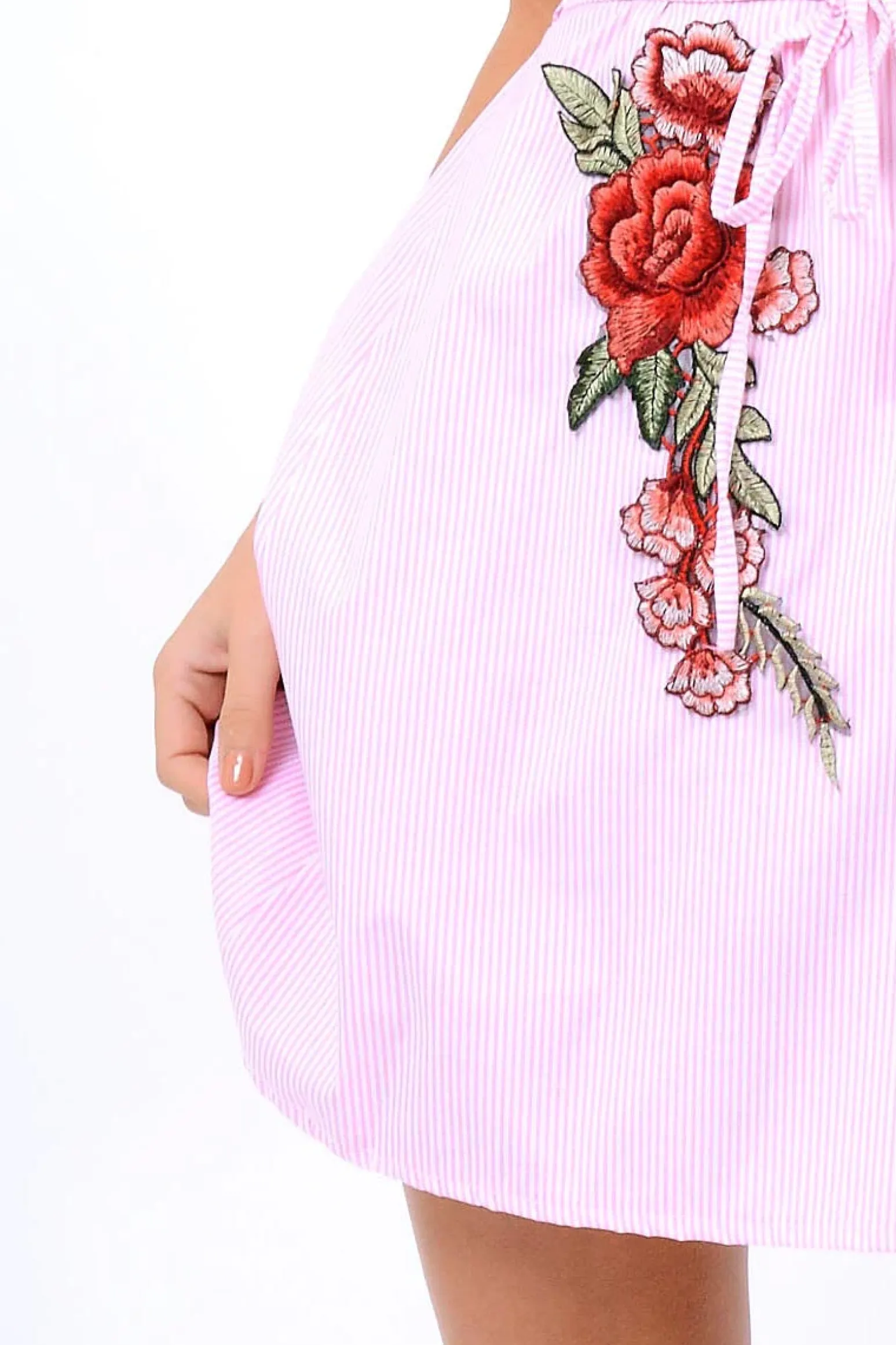 Rebellious Fashion Pink Striped Cold Shoulder Embroidered Shirt Dress - Isadora