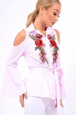 Rebellious Fashion Pink Striped Cold Shoulder Tie Shirt - Aniyah