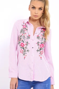 Rebellious Fashion Pink Striped Floral Embroidered Shirt - Gianna