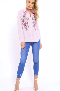 Rebellious Fashion Pink Striped Floral Embroidered Shirt - Gianna