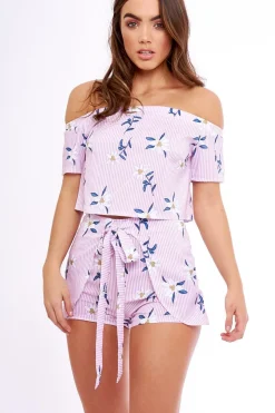 Rebellious Fashion Pink Striped Floral Two Piece Crop Top & Shorts Co-ord Set - Katrin