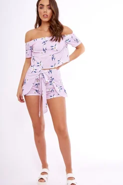 Rebellious Fashion Pink Striped Floral Two Piece Crop Top & Shorts Co-ord Set - Katrin