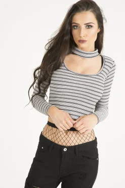 Rebellious Fashion Pink Striped Ribbed Choker Cut Out Crop Top - Mina