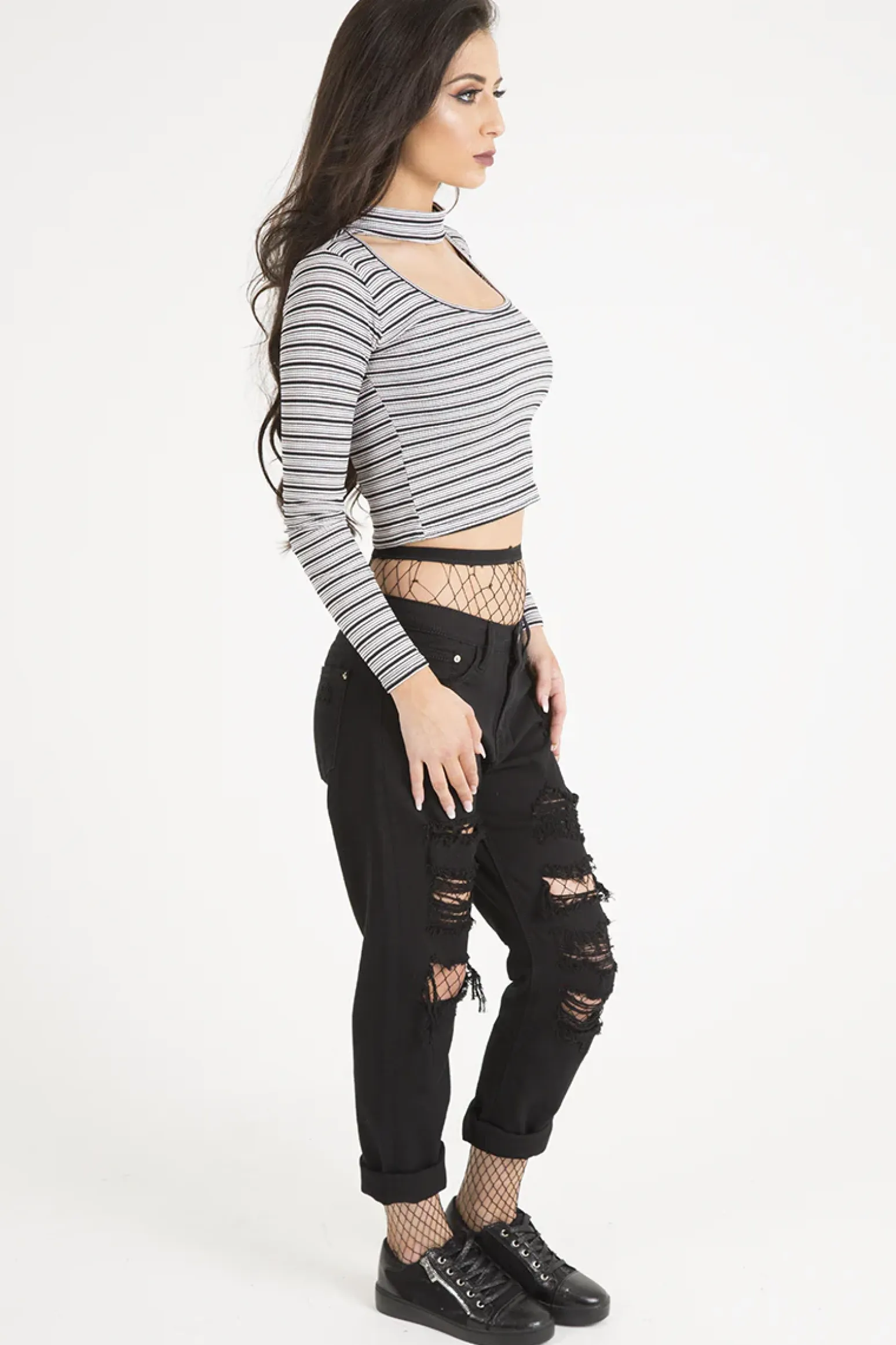 Rebellious Fashion Pink Striped Ribbed Choker Cut Out Crop Top - Mina