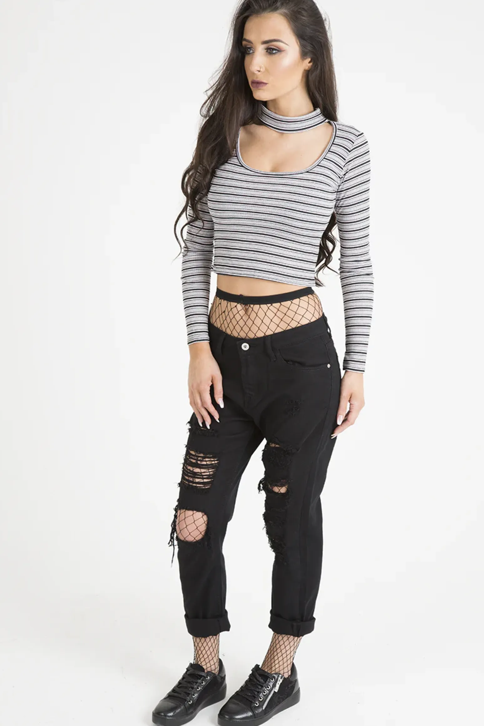 Rebellious Fashion Pink Striped Ribbed Choker Cut Out Crop Top - Mina