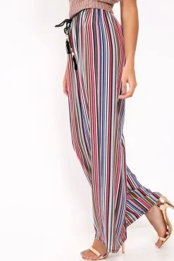 Rebellious Fashion Pink Stripe Wide Leg Beaded Tie Trousers - Haylie