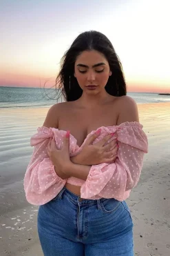 Rebellious Fashion Pink Swiss Dot Frill Trim Crop Top - Mena