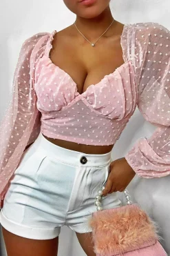 Rebellious Fashion Pink Swiss Dot Frill Trim Crop Top - Mena