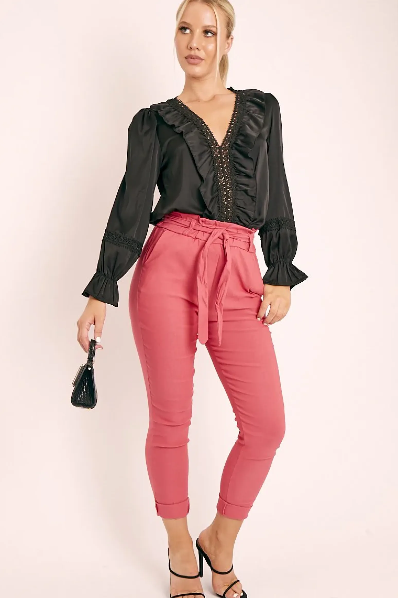Rebellious Fashion Pink Tie Belt Paperbag Waist Trousers - Jaylea