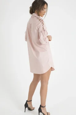 Rebellious Fashion Pink Tied Shoulder Oversized Shirt Dress - Helen