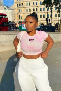 Rebellious Fashion Pink Tie Dye Ribbed Butterfly Crop Top - Indya