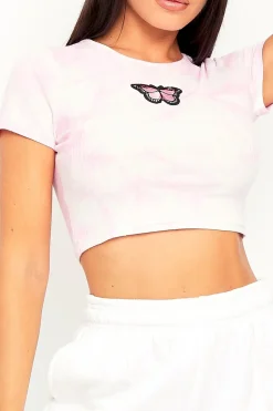 Rebellious Fashion Pink Tie Dye Ribbed Butterfly Crop Top - Indya