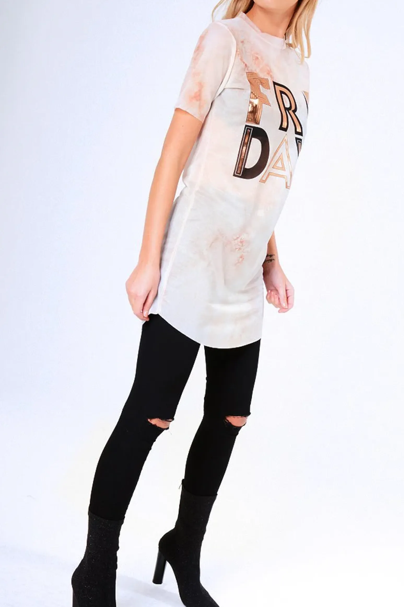Rebellious Fashion Pink Tie Dye Sheer Mesh 'Friday' Slogan T-Shirt Dress - Flynn