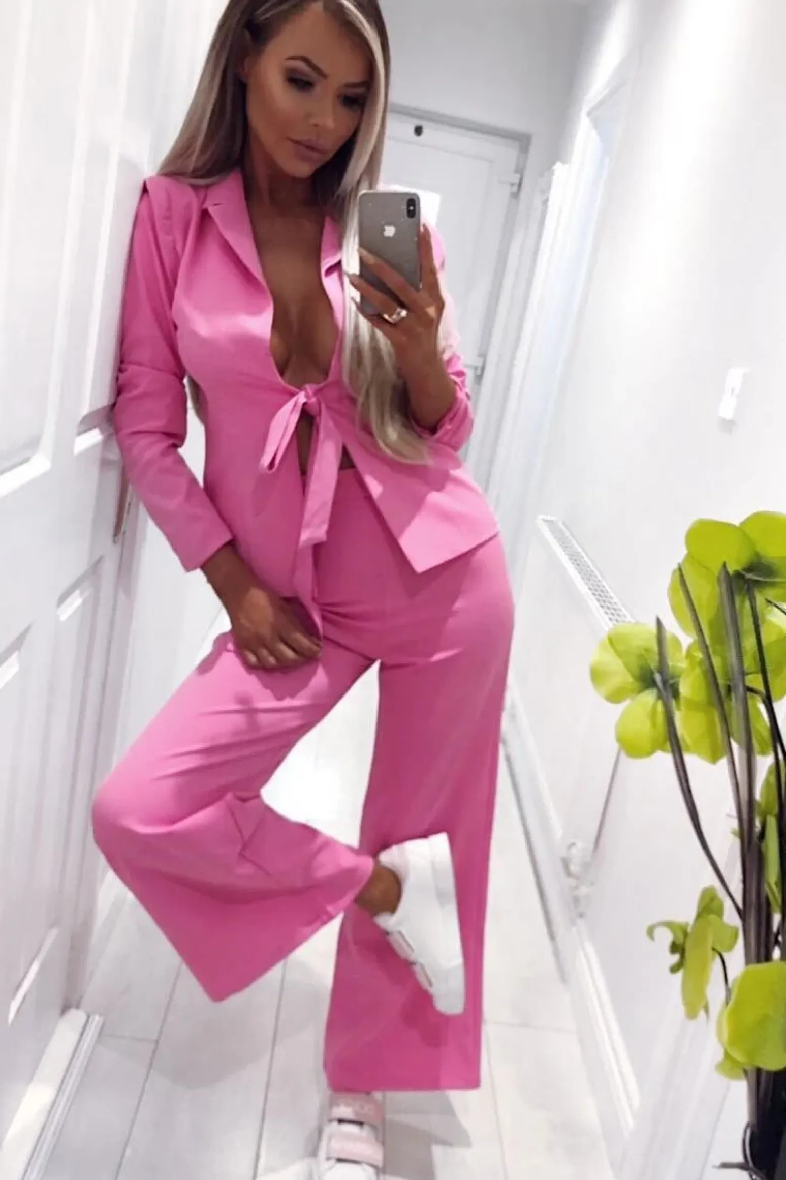 Rebellious Fashion Pink Tie Front Blazer Wide Leg Trouser Co-Ord - Saphira