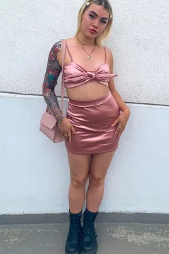 Rebellious Fashion Pink Tie Front Satin Crop Top + Skirt Co-ord - Orla