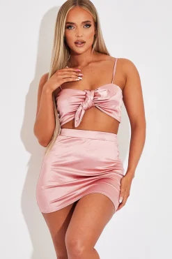 Rebellious Fashion Pink Tie Front Satin Crop Top + Skirt Co-ord - Orla
