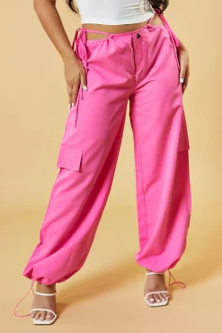 Rebellious Fashion Pink Tie Waist Toggle Detail Parachute Cargo Trousers - Eva
