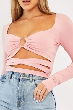Rebellious Fashion Pink Tie Wrap Front Ring Detail Crop Top - Taylor