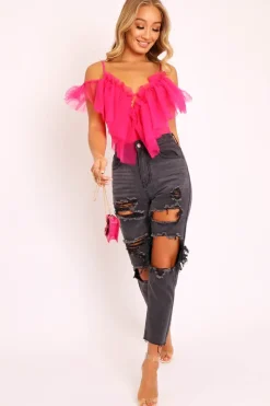 Rebellious Fashion Pink Tulle Ruffle Bodysuit - Irelia