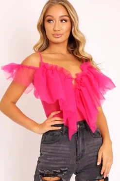 Rebellious Fashion Pink Tulle Ruffle Bodysuit - Irelia