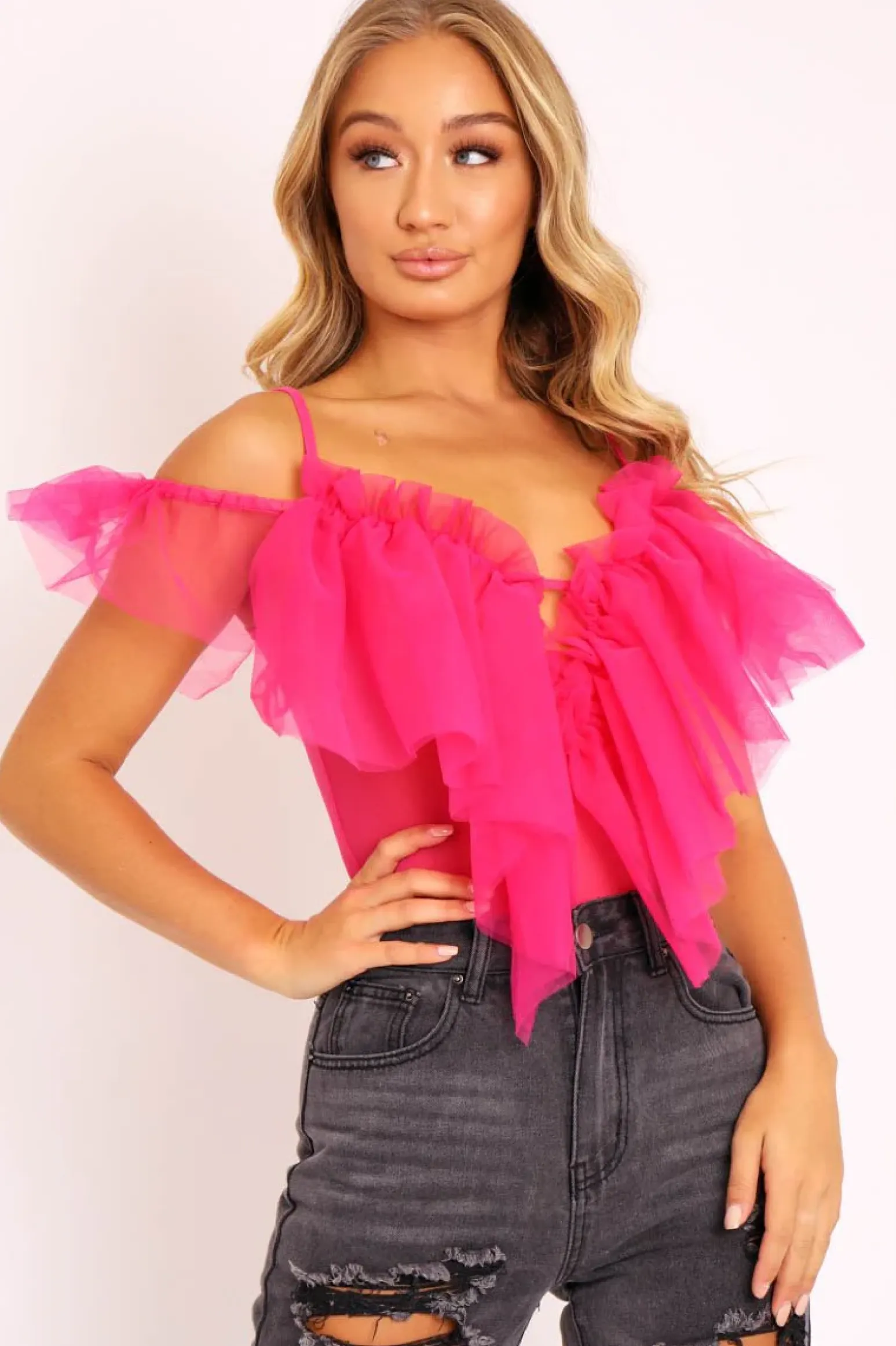 Rebellious Fashion Pink Tulle Ruffle Bodysuit - Irelia