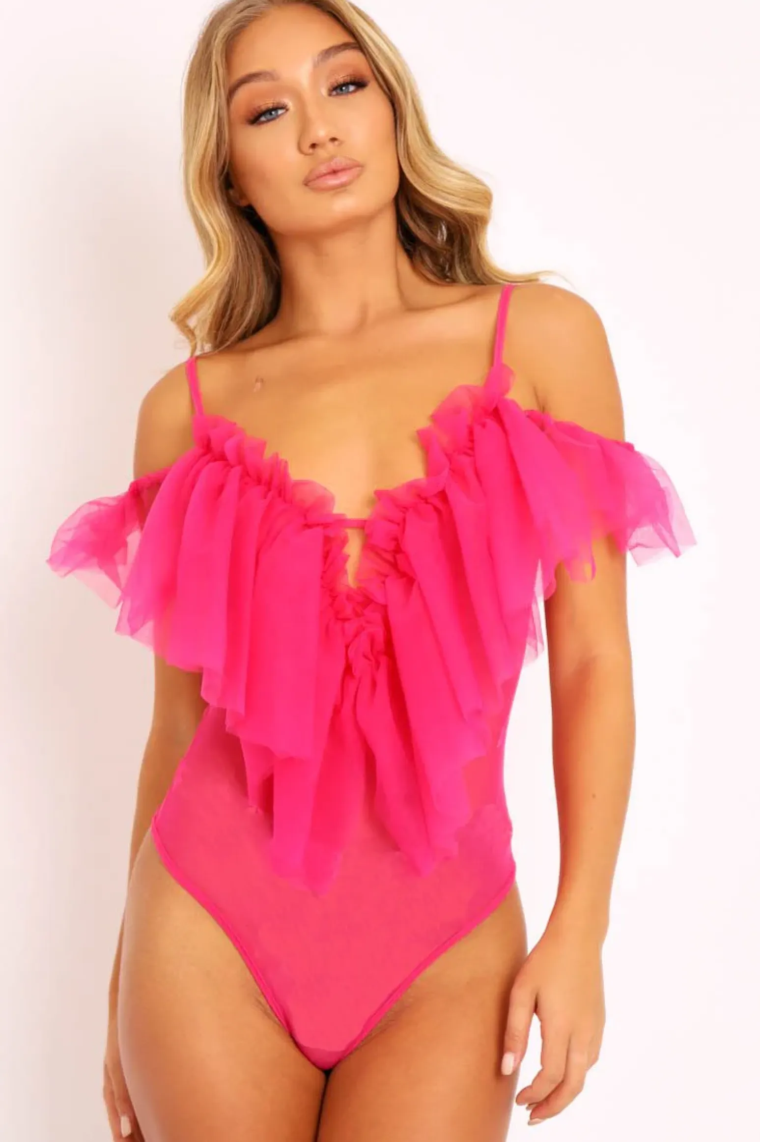 Rebellious Fashion Pink Tulle Ruffle Bodysuit - Irelia