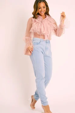 Rebellious Fashion Pink Tulle Ruffle Tie Detail Shirt - Vanessa