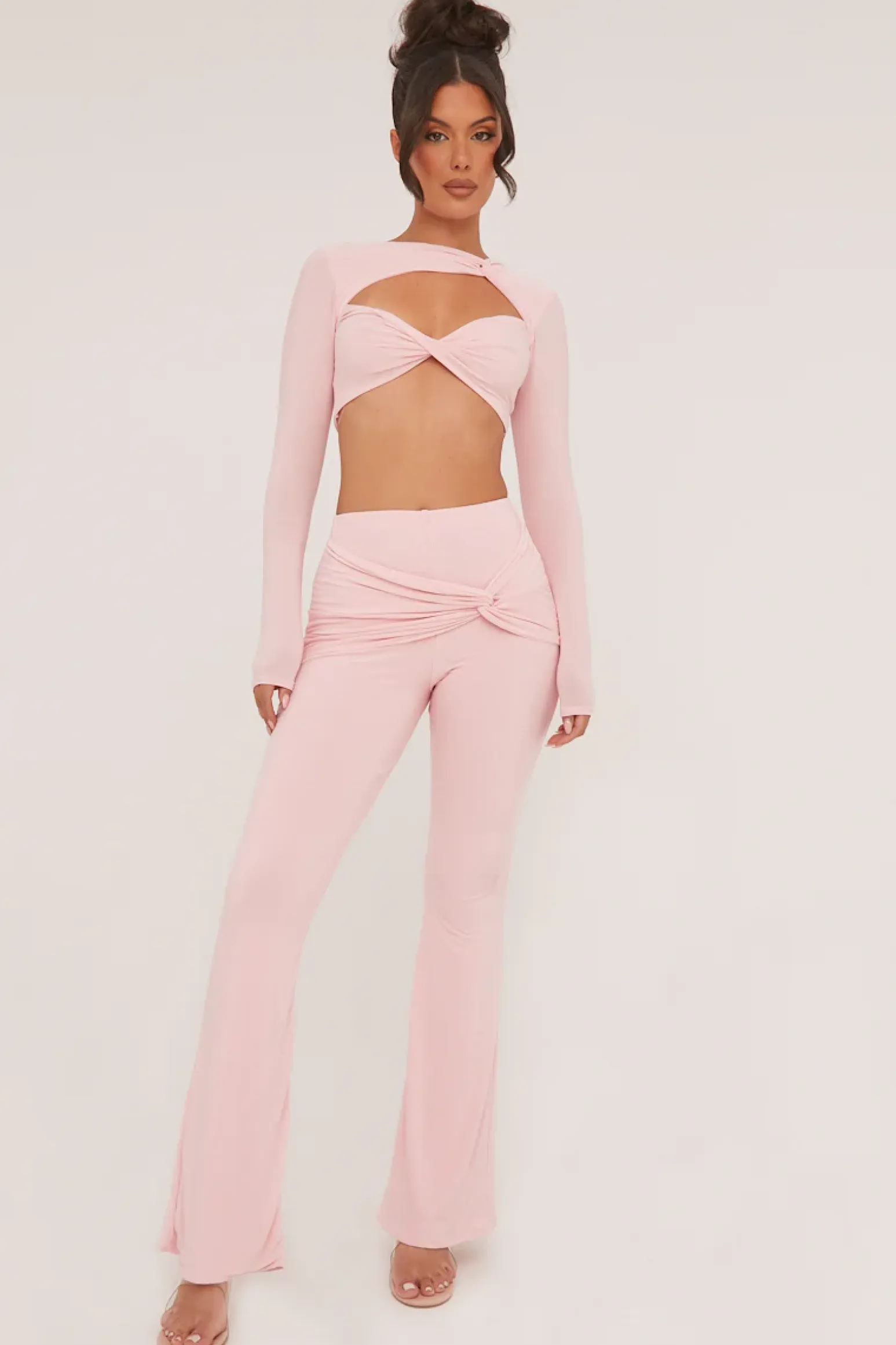 Rebellious Fashion Pink Twist Detail Cropped Top & Wide Leg Trousers - Matilda