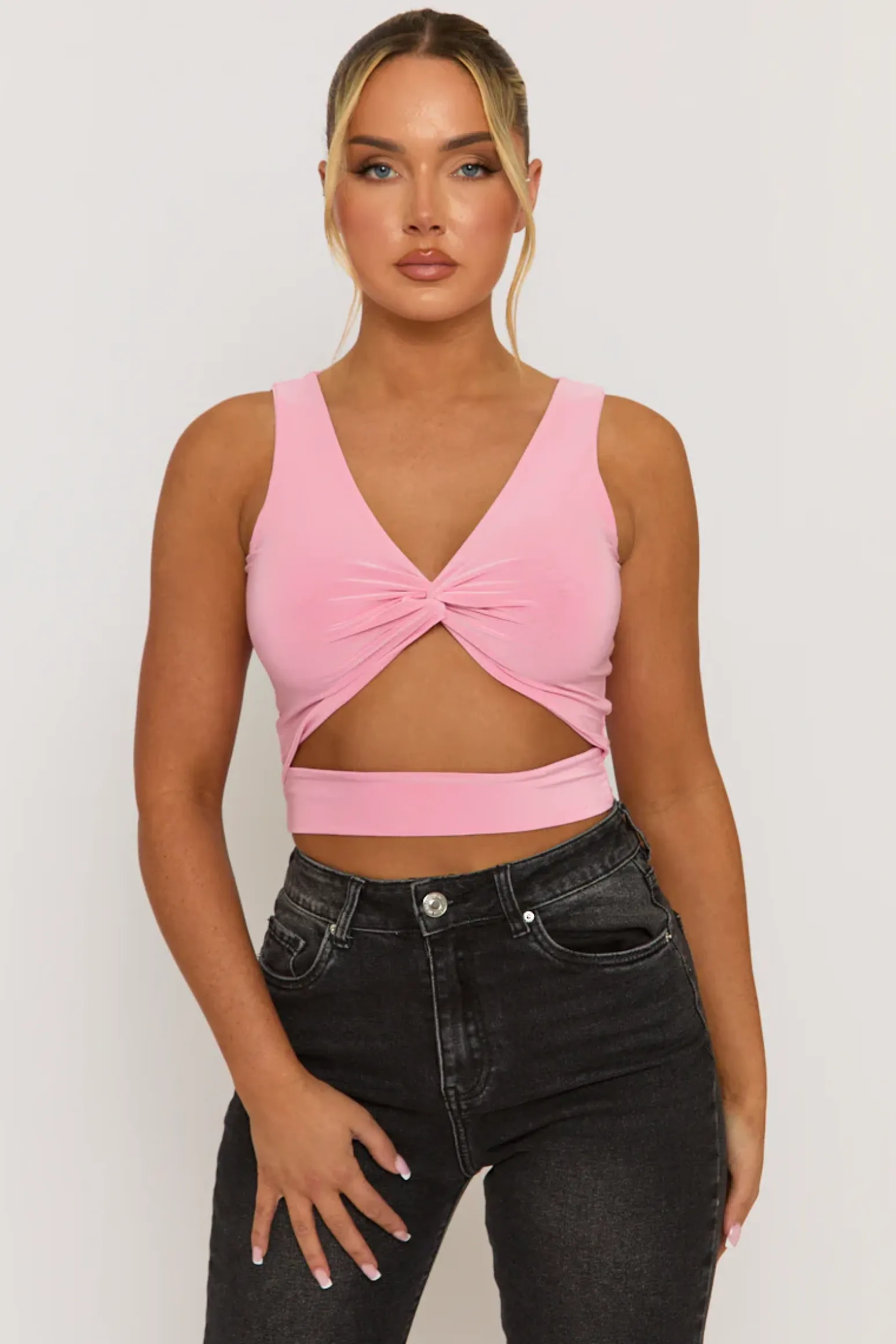 Rebellious Fashion Pink Twist Front Cut Out Crop Top - Joyce