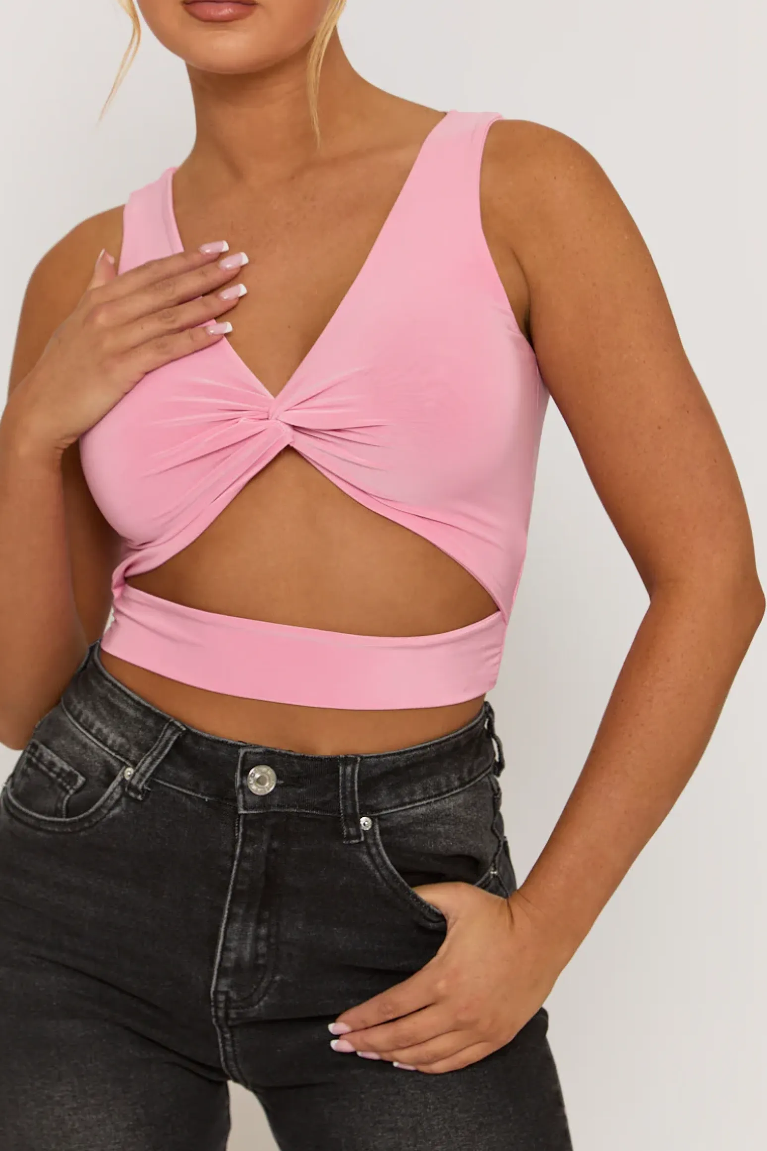 Rebellious Fashion Pink Twist Front Cut Out Crop Top - Joyce