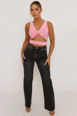 Rebellious Fashion Pink Twist Front Cut Out Crop Top - Joyce