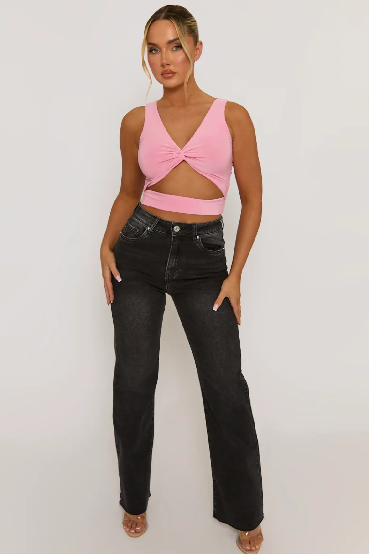 Rebellious Fashion Pink Twist Front Cut Out Crop Top - Joyce