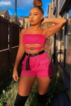 Rebellious Fashion Pink Utility Pocket Crop Top and Shorts Co-ord - Juri