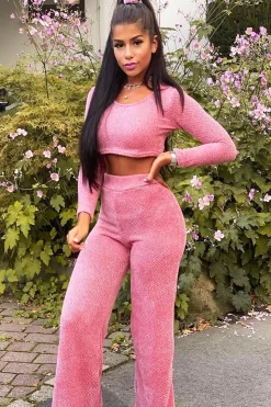 Rebellious Fashion Pink Velour Crop Top Wide Leg Trouser Co-Ord - Salina