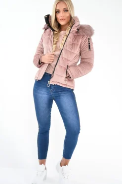 Rebellious Fashion Pink Velour Fur Hood Puffer Jacket - Eastlynn