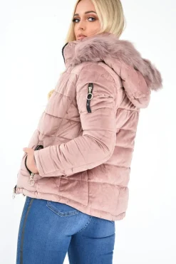 Rebellious Fashion Pink Velour Fur Hood Puffer Jacket - Eastlynn