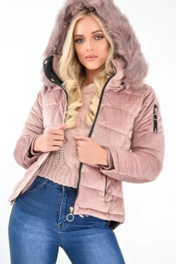 Rebellious Fashion Pink Velour Fur Hood Puffer Jacket - Eastlynn
