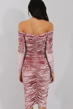 Rebellious Fashion Pink Velvet Ruched Bardot Bodycon Dress - Louise