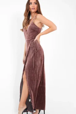 Rebellious Fashion Pink Velvet Stripe Wrap Maxi Dress - Tamyah