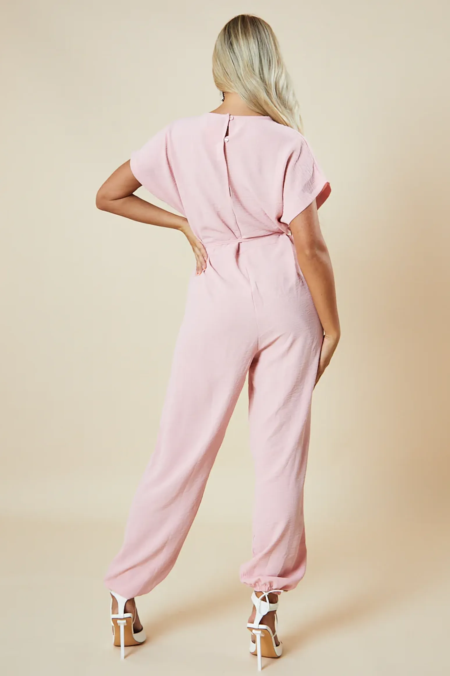 Rebellious Fashion Pink V-Neck Oversized Tie Detail Jumpsuit - Sammie