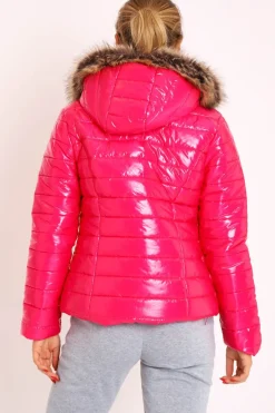 Rebellious Fashion Pink Wet Look Puffer Coat - Soph