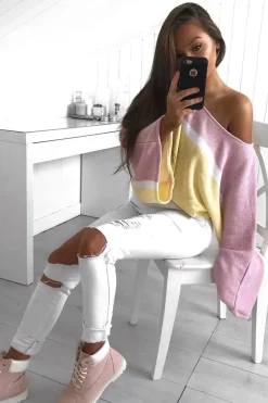 Rebellious Fashion Pink White and Yellow Stripe Contrast Jumper - Emylee