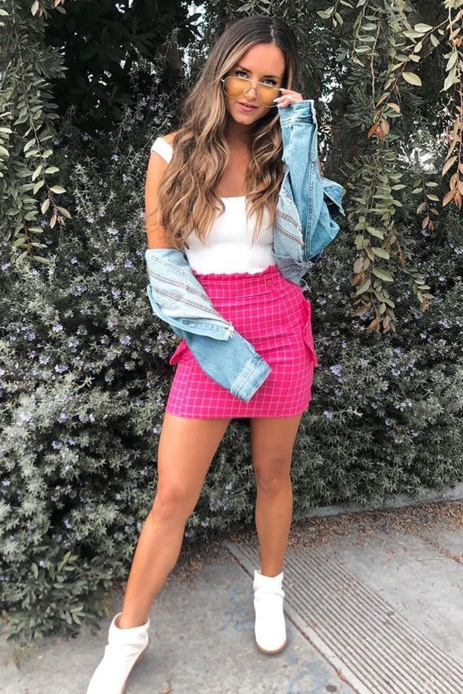 Rebellious Fashion Pink White Check Ruffle Waist Zip Front Skirt - Izzie