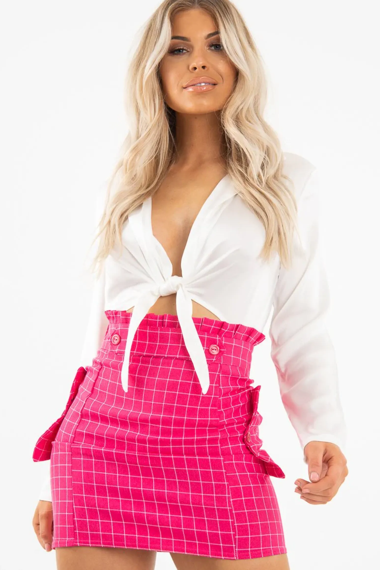 Rebellious Fashion Pink White Check Ruffle Waist Zip Front Skirt - Izzie