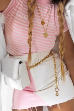 Rebellious Fashion Pink White Colour Block Denim Skirt - Runa